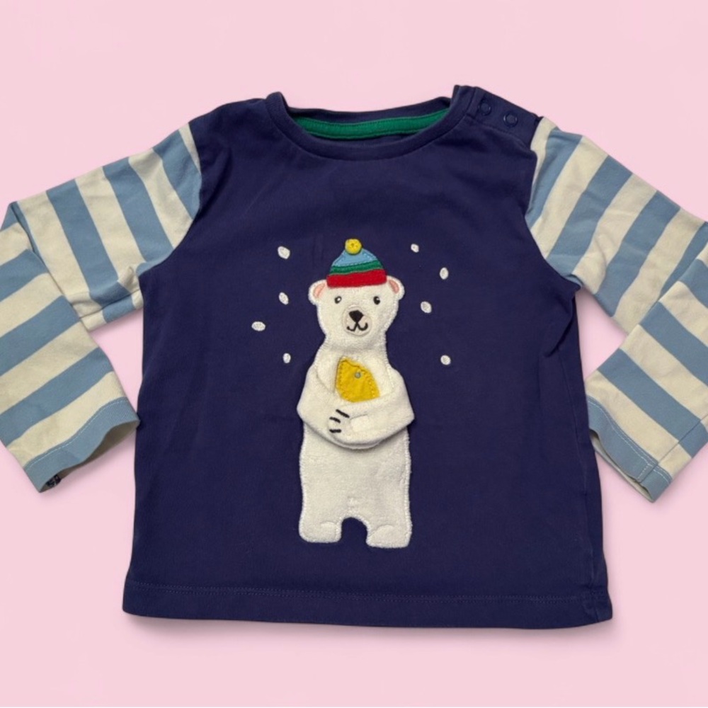 Baby Boden Blue Striped Sleeves Polar Bear Appliqué Shirt Sz 18–24M